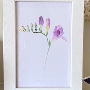 Impression aquarelle originale Freesia violet présentée dans un petit cadre en bois blanc