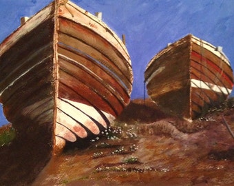 Coastal Wall Art Two Old Clinker Boats on the Shore an Original Acrylic Painting