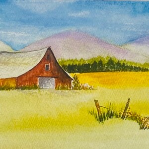 Red Barn in Summer fields Handmade Watercolour Cards imagem 5