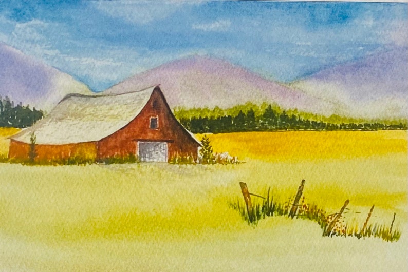 Red Barn in Summer fields Handmade Watercolour Cards imagem 5