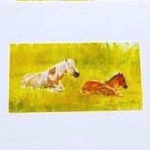 May include: A rectangular art print featuring a painting of a white horse and a brown foal resting in a vibrant green grassy field. The artwork is centered on a plain white mat board, creating a clean border around the colorful landscape scene.