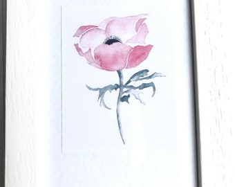 Watercolour Pink Anemone small Framed Print gift for Mum 6  x 4 inches