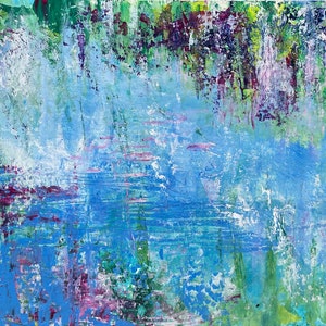Lily Pond, um cartão de arte impressionista semi-abstrato feito à mão de uma Lagoa Azul mágica.