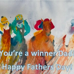 Paardenrace - Vaderdag - Handgemaakte aquarel paardenraces gepersonaliseerde kaart 7 x 5 inch
