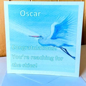 Personalised Graduation Card – a Heron 'Reaching for the Skies' – Custom Name – Inspiring Congratulations Card for Him or Her"