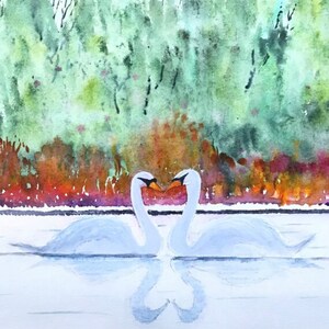 Carte d'anniversaire - cygnes s'embrassant - une carte imprimée à l'aquarelle faite main