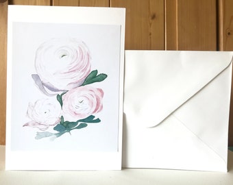 A Handmade Watercolour Wedding Day Card. Pretty Pastel Pink Ranunculus Flowers