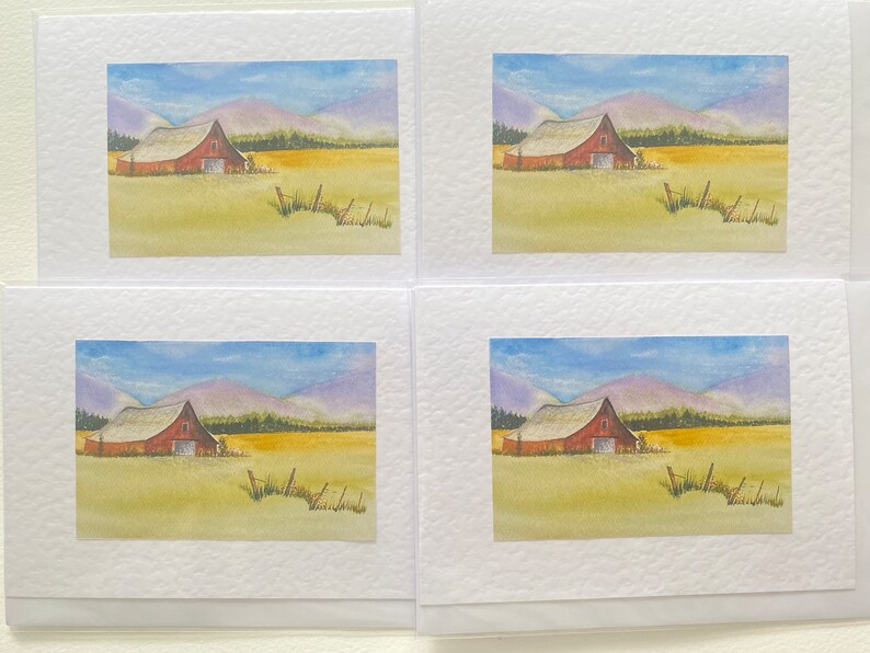 Red Barn in Summer fields Handmade Watercolour Cards imagem 8