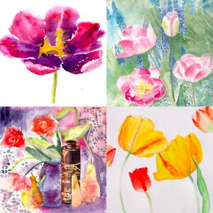 Tulipas para suas meninas de aniversário de primavera, um conjunto de quatro cartões de flores em aquarela feitos à mão