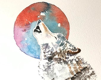 Handmade Watercolour Wolf Howling at the Moon Card