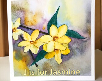 Handmade Watercolour Yellow Jasmine Flower Card for Mum  6 x 6 inch