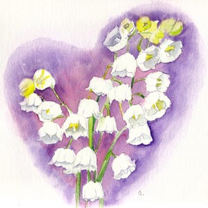 Coeur fleur de muguet - une jolie carte coeur d'amour aquarelle faite main pour toutes les occasions