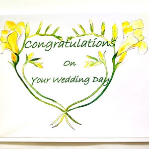 Handgemaakte aquarel valentijns-, bruilofts- of jubileumkaart en gepersonaliseerde freesia-liefdeshartkaart