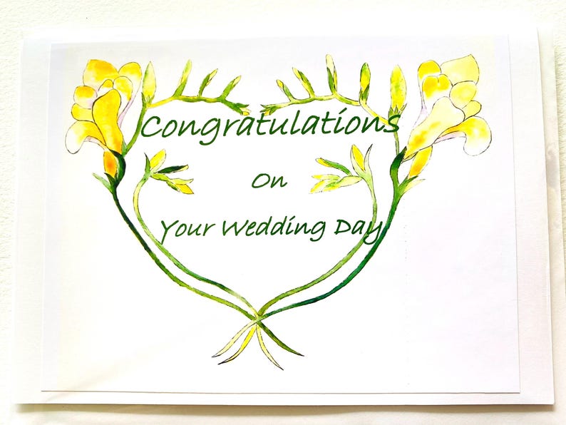 a pretty yellow freesia watercolour heart with the words Congratulations on Your Wedding Day in the centre
