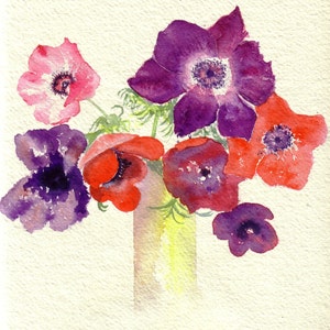 Cartões de aquarela artesanais de anêmonas com lindas flores de anêmona multicoloridas