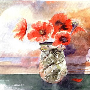 Lindas papoulas vermelhas em natureza morta, cartões de arte em aquarela feitos à mão