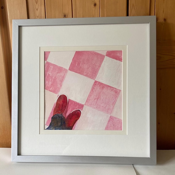 Original Red Shoes Watercolor Painting – Checkered Floor Whimsical Art