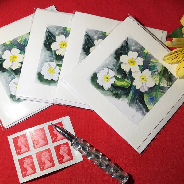 Handmade Primrose Watercolour Cards a set of four