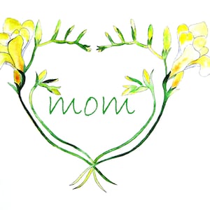 Fête des Mères - Freesia - un beau coeur de fleur jaune - Personnalisé - Carte aquarelle faite main
