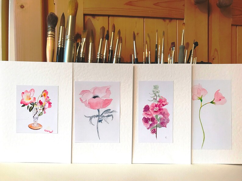 Mixed Card Set of 4 Pink Floral Watercolour Greeting Cards image 2