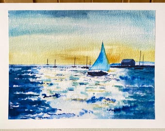Sailboat in a Seascape - a Handmade Watercolour Card - Nautical Art
