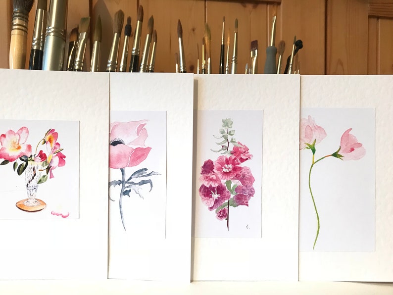 Mixed Card Set of 4 Pink Floral Watercolour Greeting Cards image 1