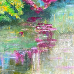 Lily Pond una hermosa tarjeta de arte original hecha a mano de una pintura original impresionista semi abstracta