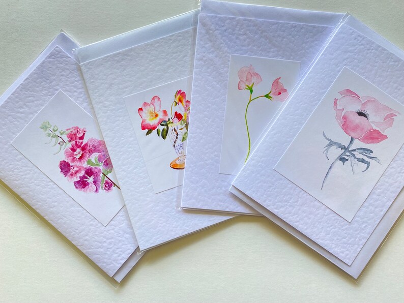 Mixed Card Set of 4 Pink Floral Watercolour Greeting Cards image 8