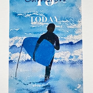 Tarjeta de cumpleaños personalizada hecha a mano de Surfer Dude para un niño, hecha a partir de una impresión de mi obra de arte original.