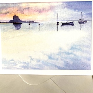 Lindisfarne Holy Island a lovely milestone watercolour handmade Card size 7 xx5 inches