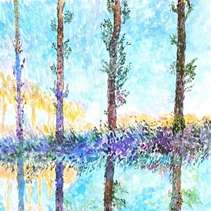 May include: An impressionist-style painting featuring four tall, slender tree trunks set against a bright blue sky. The scene includes a horizontal band of vibrant purple and green foliage, with golden yellow reflections visible in the water below.