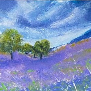 May include: An acrylic painting of a lavender field under a cloudy blue sky. Green trees dot the landscape, with hints of yellow and white grass in the foreground. The artwork evokes a sense of tranquility.