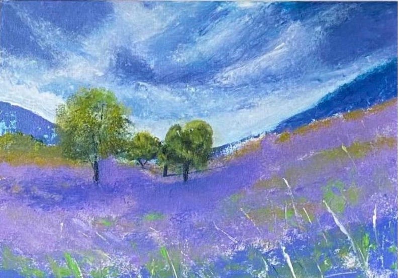 May include: An acrylic painting of a lavender field under a cloudy blue sky. Green trees dot the landscape, with hints of yellow and white grass in the foreground. The artwork evokes a sense of tranquility.