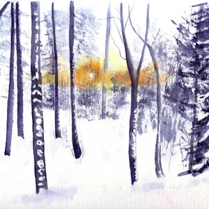 Cartes d'anniversaire d'hiver faites main aquarelle forêt nordique enneigée
