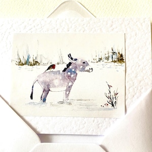 Cartes de vacances de Noël mignon petit âne dans la neige aquarelle faite main