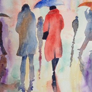 Een mooie grote handgemaakte aquarel romantische kunst 'Together Rain or Shine' jubileumkaart, blanco aan de binnenkant voor je speciale boodschap