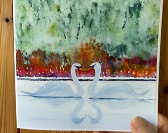 Two Swans  Love Card - a Handmade Watercolour Personalised card