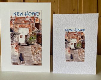 New Home Card Handmade Watercolour Country Cottage with a lucky Black Cat