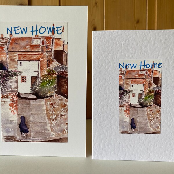 New Home Card Handmade Watercolour Country Cottage with a lucky Black Cat