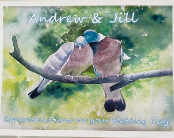 Personalized Love Birds Wedding Card: Handmade Watercolor Art