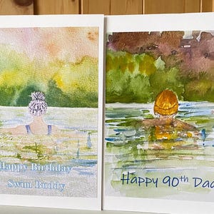 Cartão de aniversário feito à mão em aquarela para amigo nadador selvagem para ele ou ela