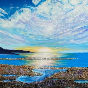 Escócia - Pôr do sol em Ayrshire - Paisagem marinha - Cartão de felicitações feito à mão - Arte artesanal exclusiva