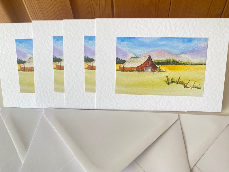 Red Barn in Summer fields Handmade Watercolour Cards imagem 10