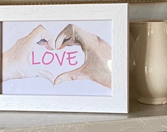 An original watercolour Heart Hands framed print perfect for a Bridal Shower Gift