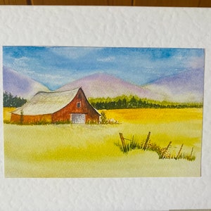 Red Barn in Summer fields Handmade Watercolour Cards imagem 4