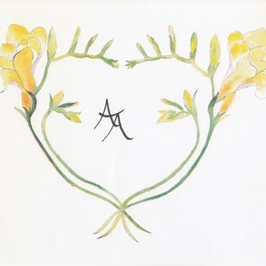 May include: Watercolor painting of yellow freesia flowers arranged in a heart shape. The flowers have delicate yellow petals and green stems. The artwork includes the handwritten initials "AA" in black ink.