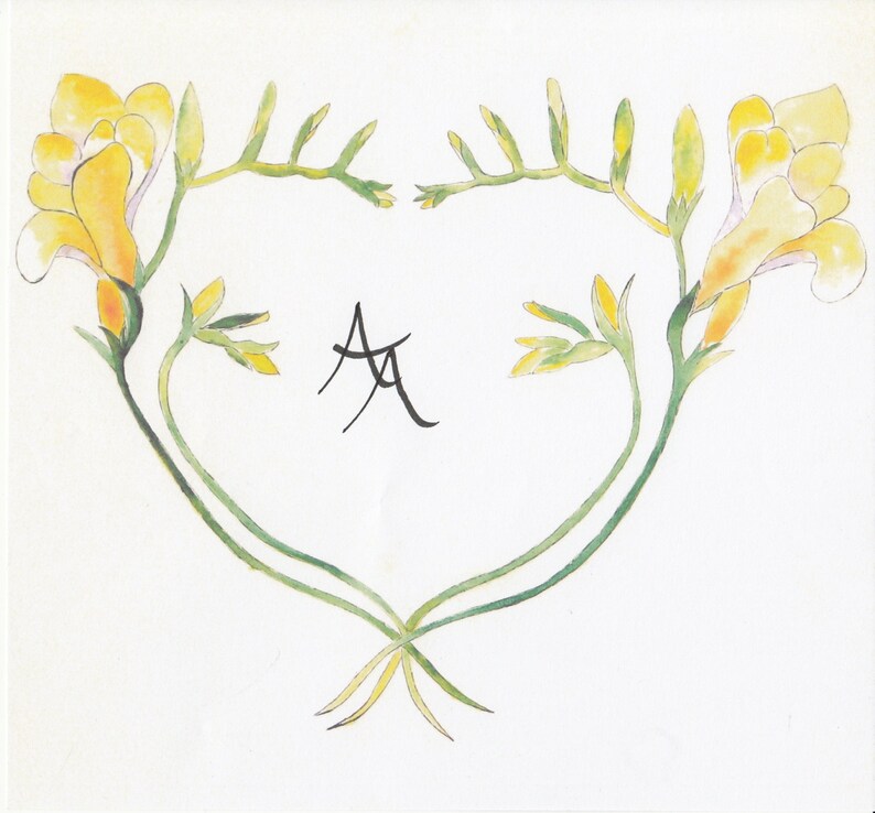 May include: Watercolor painting of yellow freesia flowers arranged in a heart shape. The flowers have delicate yellow petals and green stems. The artwork includes the handwritten initials "AA" in black ink.