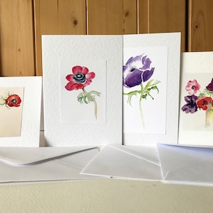 Handgemaakte aquarel anemoonkaarten, set van vier