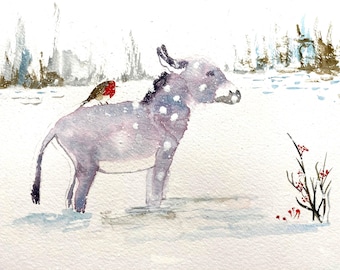 Little Donkey with a Robin in snow, handmade watercolour Christmas Cards,