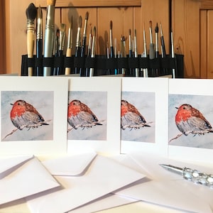 Aquarelles cartes Robin, 4 cartes de correspondance faites main Robin dans la neige